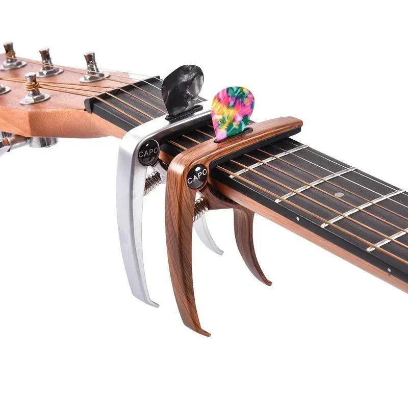 Excelente clipe de ajuste de capotraste de guitarra de metal para guitarras acústicas, elétricas, baixo, ukulele com suporte para palhetas, 1 peça