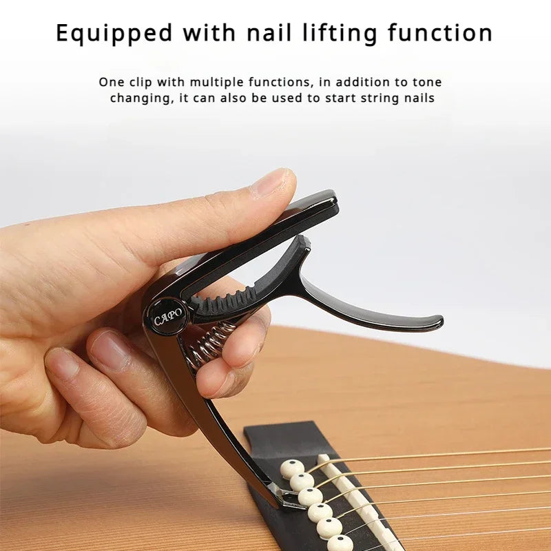 Excelente clipe de ajuste de capotraste de guitarra de metal para guitarras acústicas, elétricas, baixo, ukulele com suporte para palhetas, 1 peça
