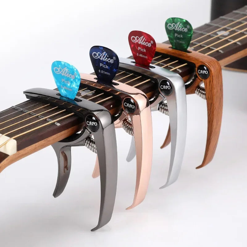 Excelente clipe de ajuste de capotraste de guitarra de metal para guitarras acústicas, elétricas, baixo, ukulele com suporte para palhetas, 1 peça